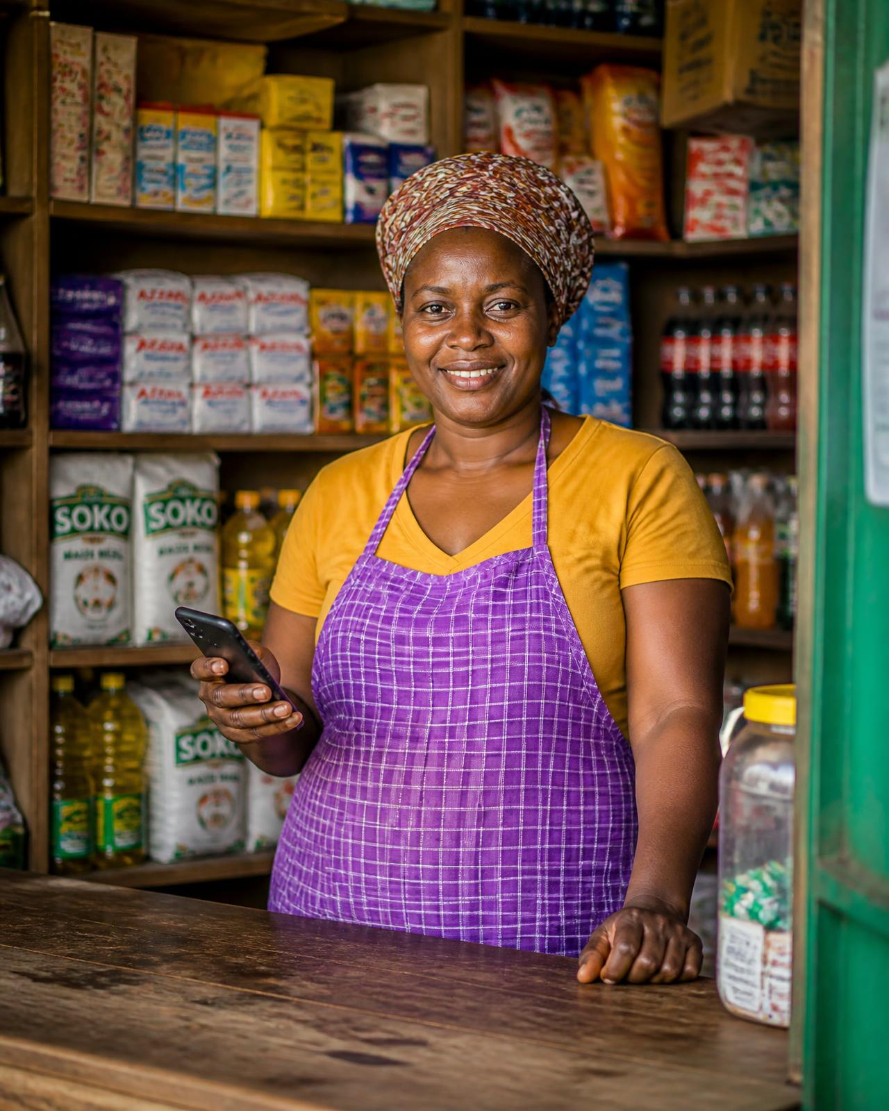 Shopkeeper using DukaFlex on her phone behind the counter of her shop